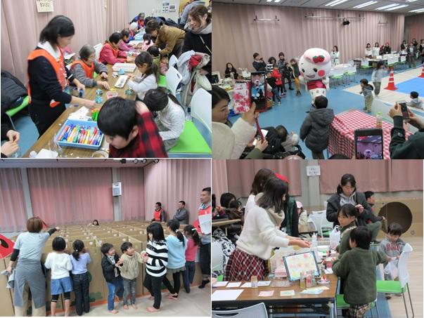 左上:子供達が絵を描いている写真、右上:ゆるキャラの広川まち子ちゃんが遊びに来ている写真、左下:子供達がダンボール迷路で遊んでいる写真、右下:子供がお姉さんと話をしている写真