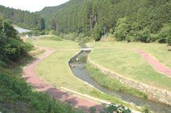 緑の中心に流れている細い川とその周りの芝生と歩道がある広川ダム公園の写真