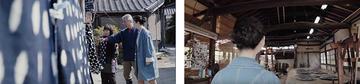 (左)絣工房の前で3名の男女が話をしている写真(右)広い部屋中を女性が眺めている写真