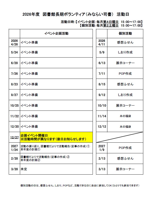 2026年度みならい司書活動日