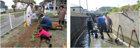 左：花壇に花を植えている人達の写真、右：清掃活動をしている人達の写真