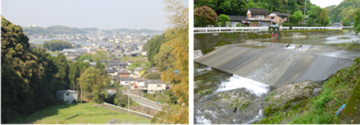 左：山から見た五ヶ村井堰の風景、右：道路横の広い水路を写した写真