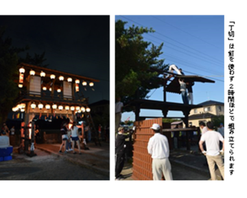 左：夜の祇園神社に奉納された丁切がライトアップされている写真、右：丁切を組み立てている途中の写真