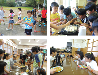 左上：竹の水鉄砲で遊んでいる子供達の写真、右上：たこ焼きを作っている子供達の写真、左下：アイスクリーム作りをしている子供達の写真、右下：出来上がった料理を食べている子供達の写真