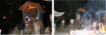左：虚空蔵祭でお賽銭を借りている子供2名を下から写した写真、右：夜に火がたかれた虚空蔵祭を写した写真