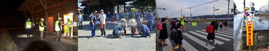 左から1枚目：夜間パトロールをしている写真、2枚目：消火訓練の写真、3枚目：横断歩道での登校見守り活動の写真、4枚目：設置された安全標識の写真